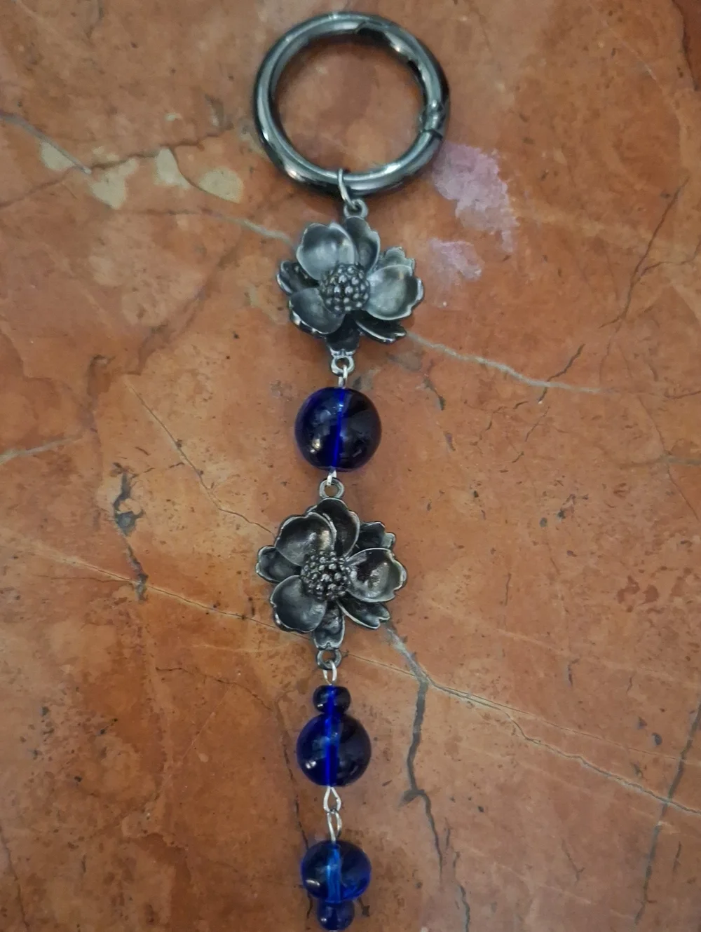 Floral Silver-Tone Keychain Bag Charm with Cobalt Blue Glass Beads